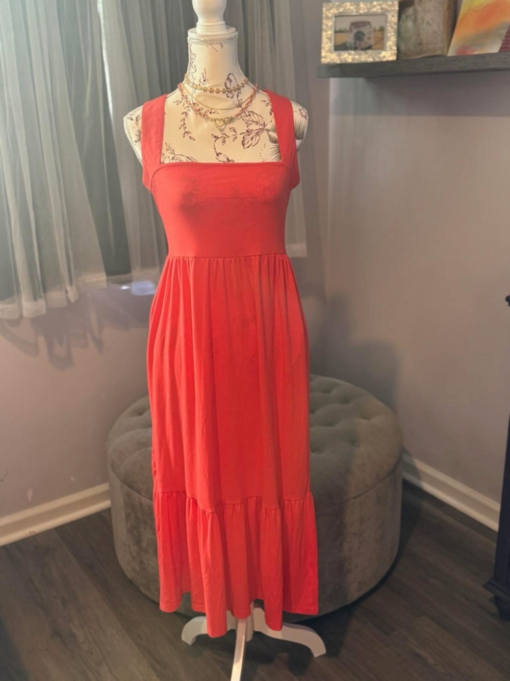Sleeveless Square-Neck Coral Maxi Dress